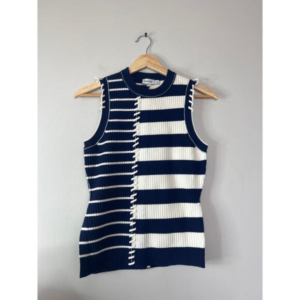 NEW Simkhai Joelene Asymmetric Fitted Striped Wool-Blend Top Navy Blue Size: XS - Picture 2 of 7
